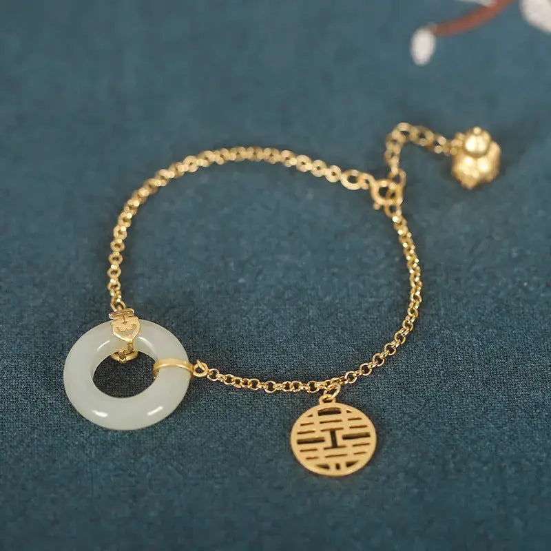 Lovcia Women's Gold Plated Sterling Silver Bracelet with Hetian Jade Charm for Elegant Style-Bracelets-Golden Hetian Jade-Golden Hetian Jade