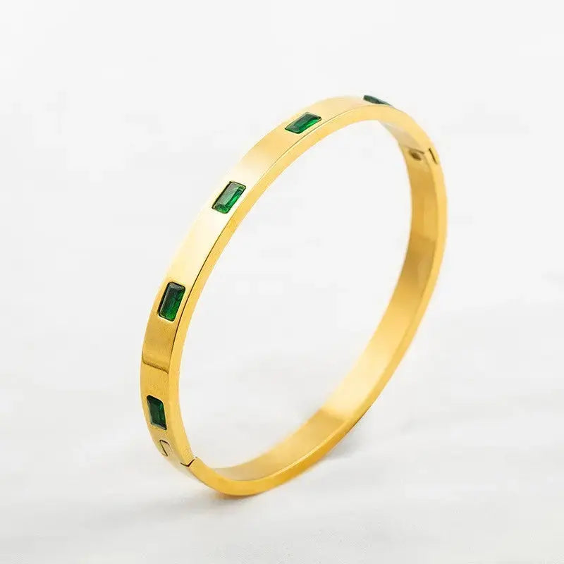 Lovcia Women’s Gold Plated Titanium Steel Bangle Bracelet with Green Crystal Inlays - Elegant Jewellery Gift-Bracelets-Gold-Gold