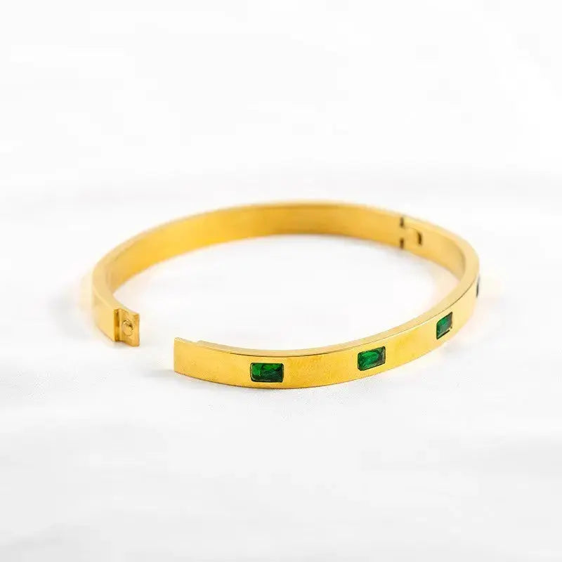 Lovcia Women’s Gold Plated Titanium Steel Bangle Bracelet with Green Crystal Inlays - Elegant Jewellery Gift-Bracelets-Gold-Gold