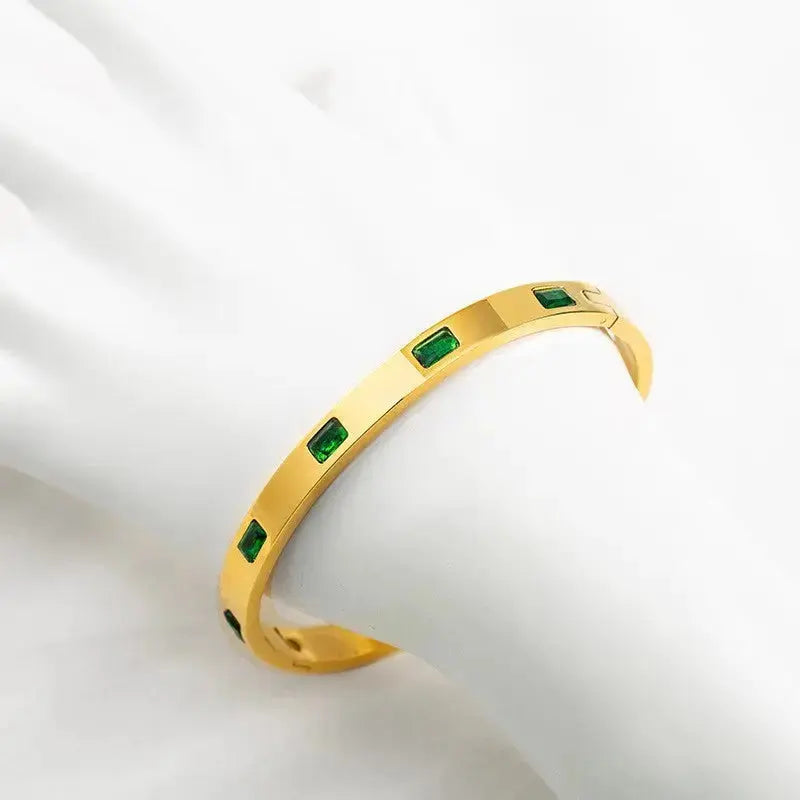 Lovcia Women’s Gold Plated Titanium Steel Bangle Bracelet with Green Crystal Inlays - Elegant Jewellery Gift-Bracelets-Gold-Gold