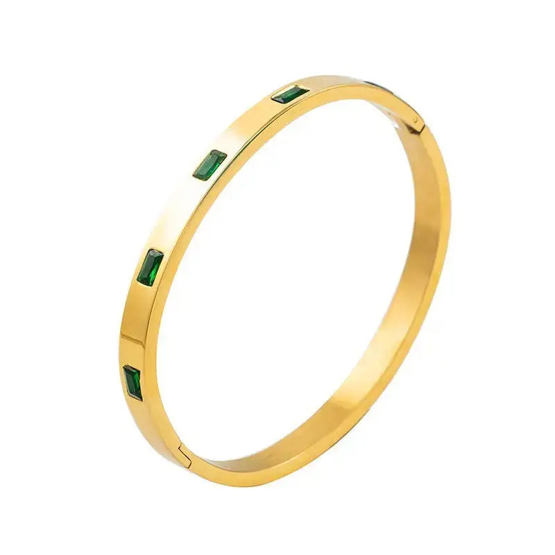 Lovcia Women’s Gold Plated Titanium Steel Bangle Bracelet with Green Crystal Inlays - Elegant Jewellery Gift-Bracelets-Gold-Gold