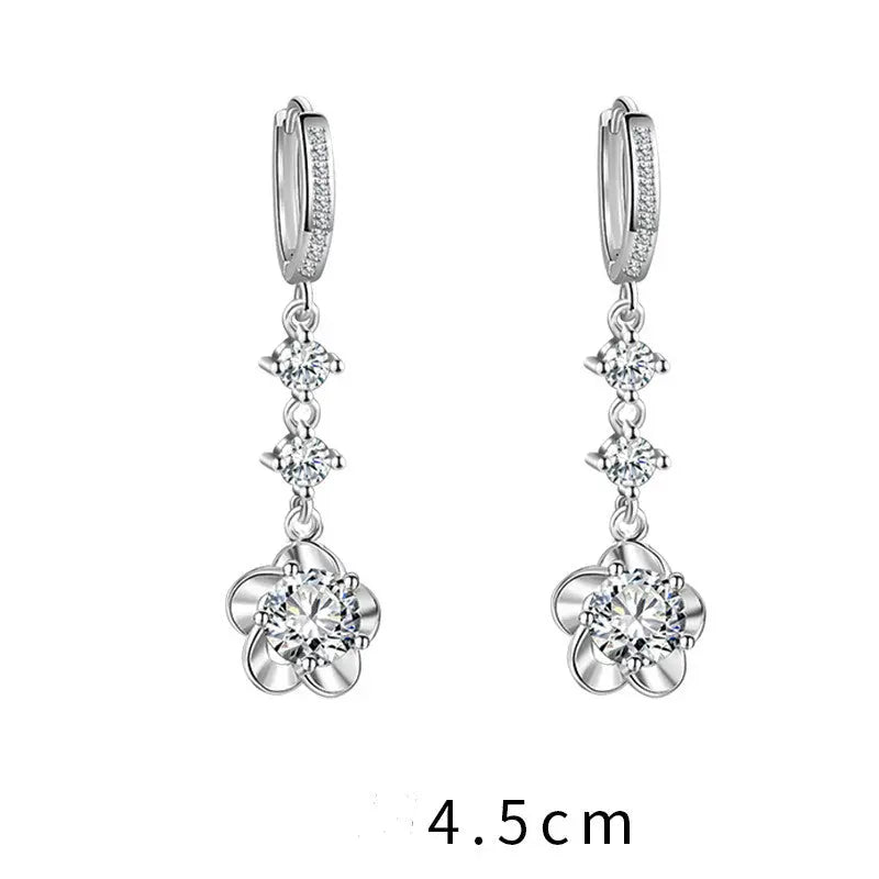 Lovcia Women's Modern Sterling Silver Drop Earrings in Natural Zircon With Multiple Fashion Styles and Drill/Stone Variations-Earrings-Two drills/stones-Plum blossom-Two drills/stones