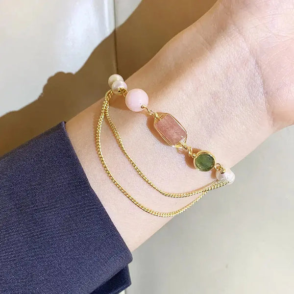 Lovcia Women's Natural Freshwater Pearl Strawberry Crystal Bracelet-Bracelets-Pink-Pink