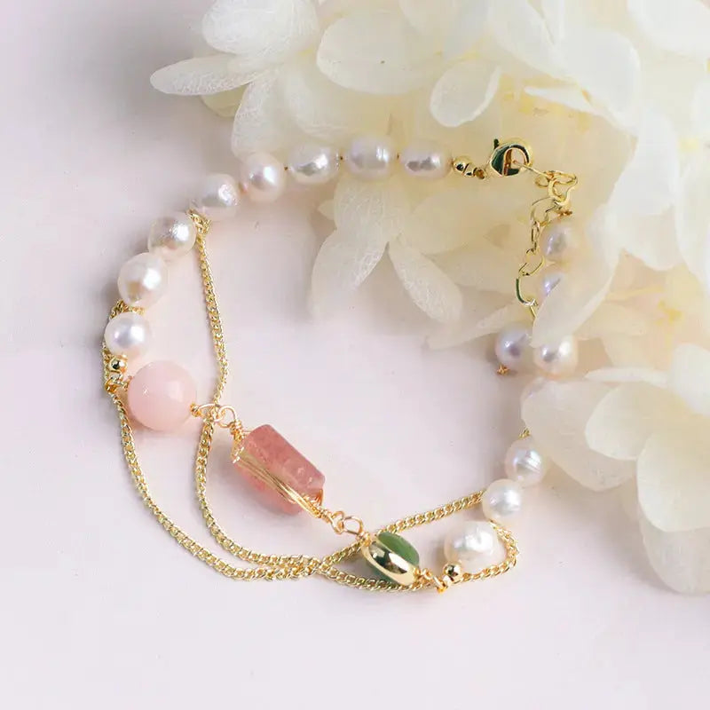 Lovcia Women's Natural Freshwater Pearl Strawberry Crystal Bracelet-Bracelets-Pink-Pink