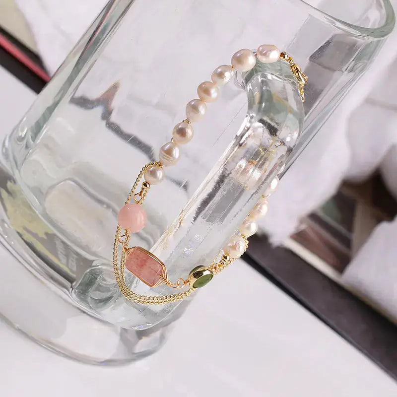 Lovcia Women's Natural Freshwater Pearl Strawberry Crystal Bracelet-Bracelets-Pink-Pink