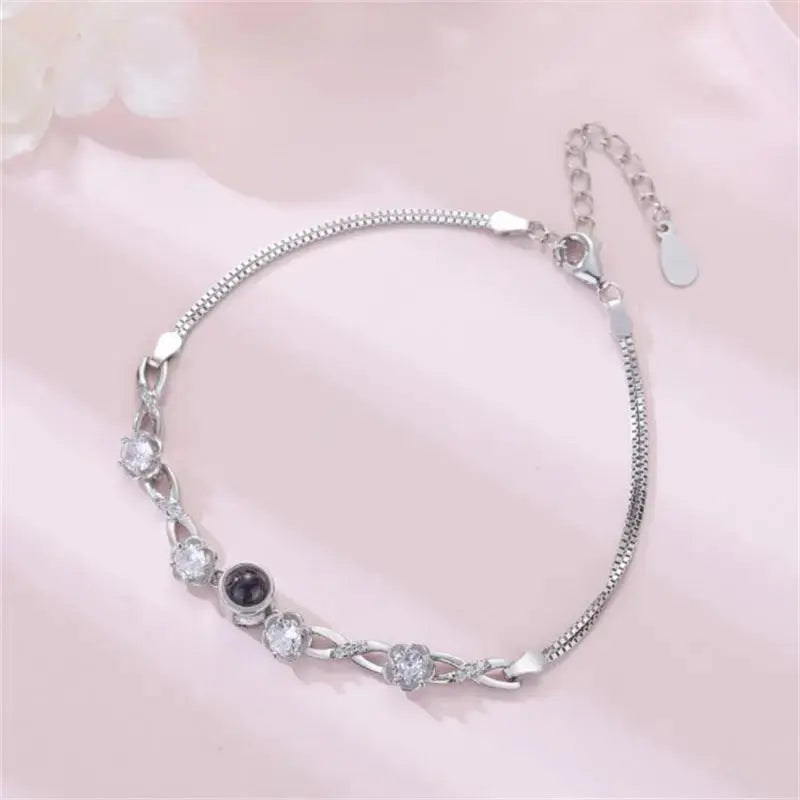 Lovcia Women's Sterling Silver Flower Charm Bracelet with Black Pearl & Zirconia Accents-Bracelets-Silver-Silver