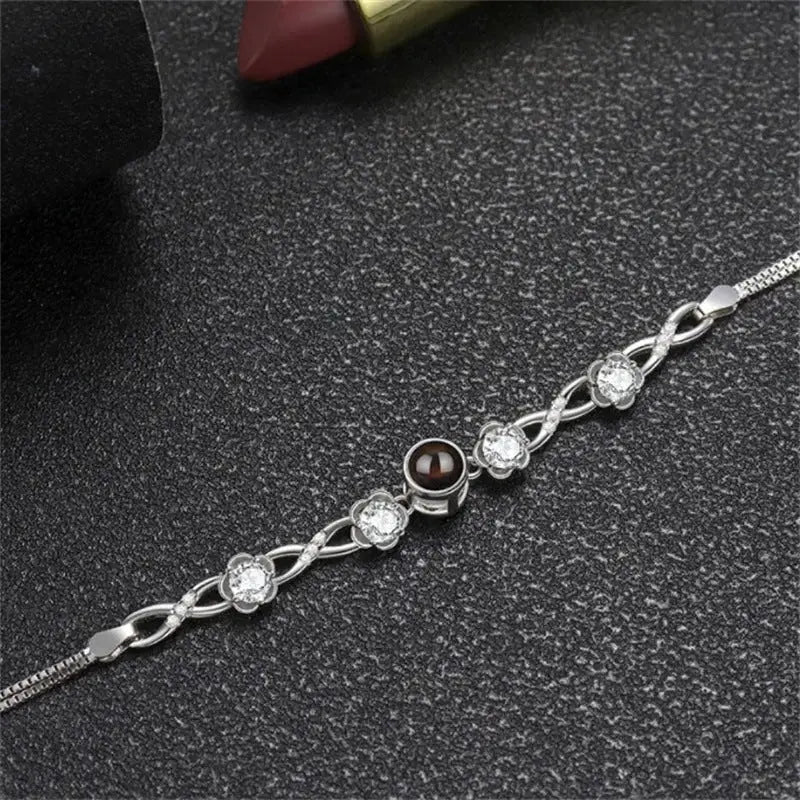 Lovcia Women's Sterling Silver Flower Charm Bracelet with Black Pearl & Zirconia Accents-Bracelets-Silver-Silver