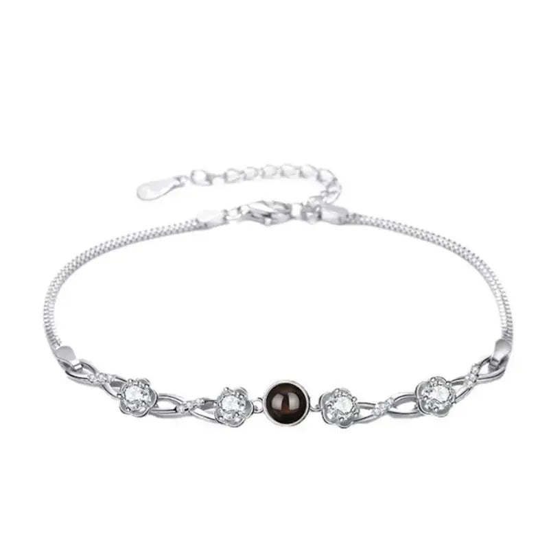 Lovcia Women's Sterling Silver Flower Charm Bracelet with Black Pearl & Zirconia Accents-Bracelets-Silver-Silver
