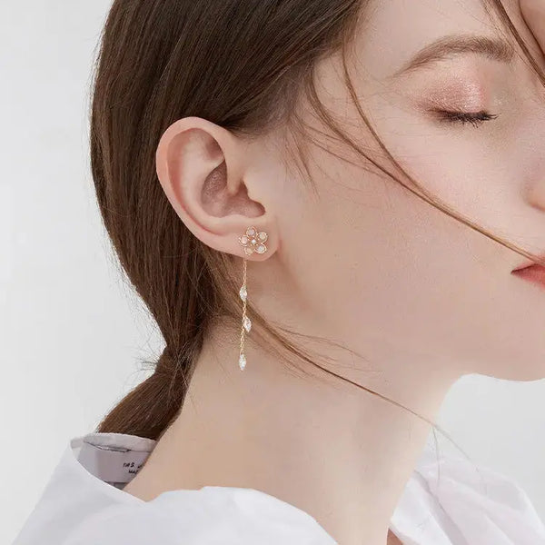 Lovcia Women's Trendy Luxury Sense Cherry Blossom Tassel Earrings-Earrings-Gold-Gold