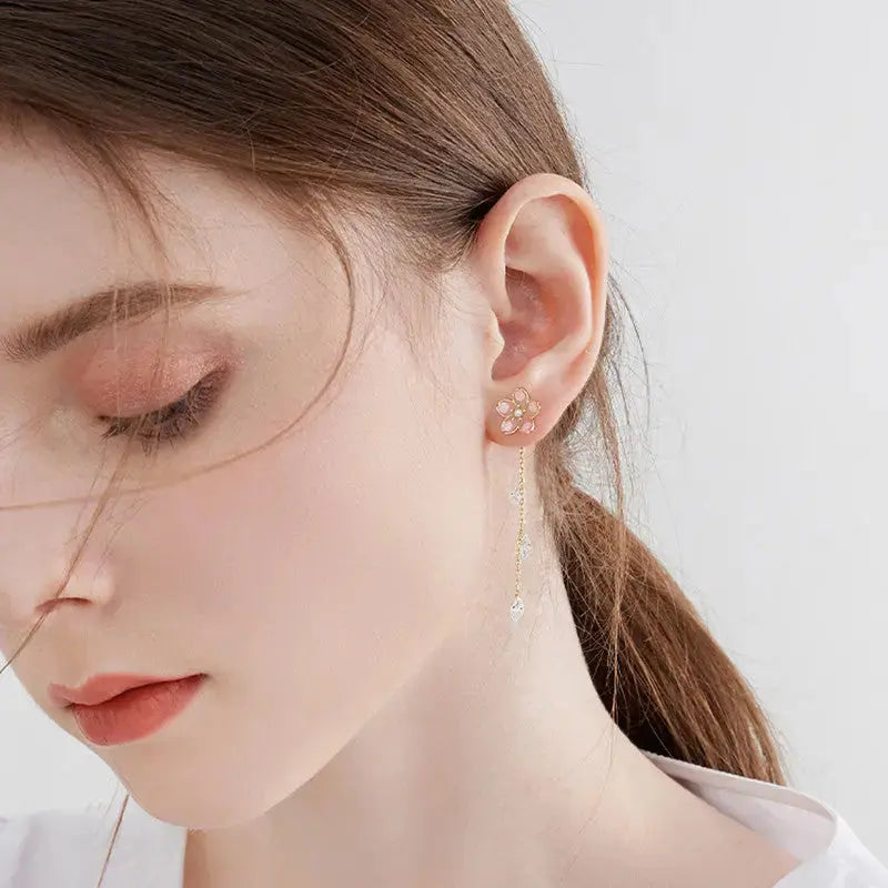 Lovcia Women's Trendy Luxury Sense Cherry Blossom Tassel Earrings-Earrings-Gold-Gold