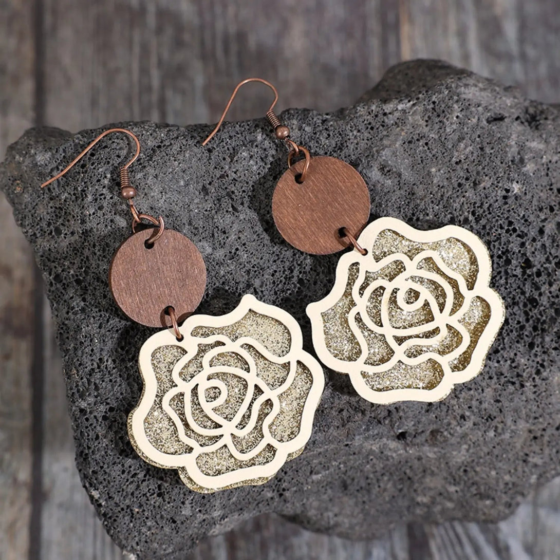 Lovcia Wooden Alloy Rose Shape Dangle Earrings-Earrings-Style A-One Size-Style A