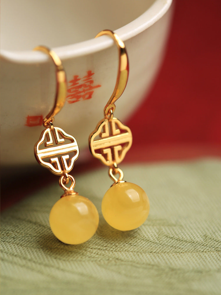 Lovcia Yellow Jade Sterling Silver Geometric Drop Earrings for Women-Earrings-Auspicious Pattern Beeswax-Auspicious Pattern Beeswax