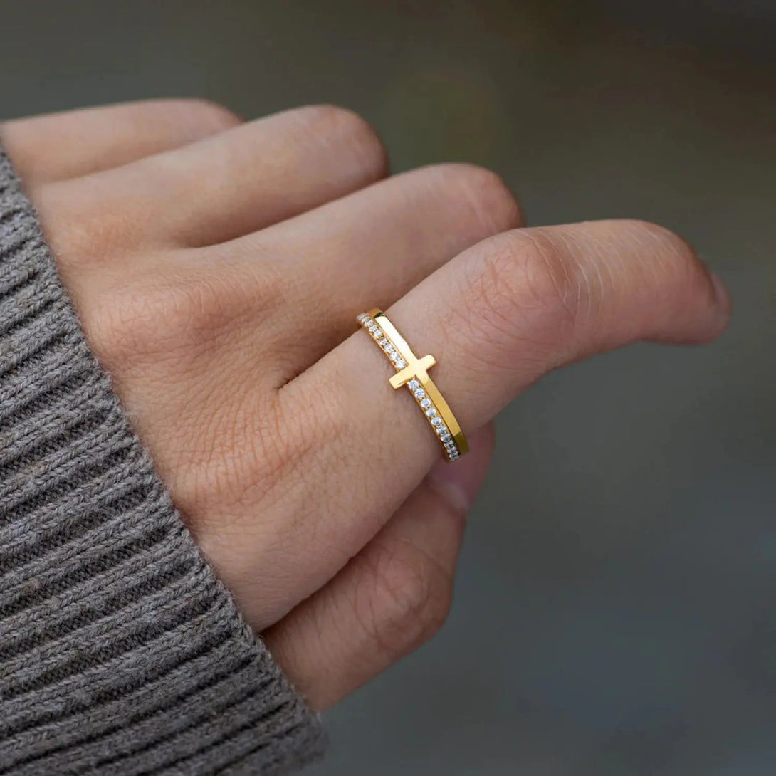Lovcia Zircon 925 Sterling Silver Cross Ring-Rings-Gold-5-Gold