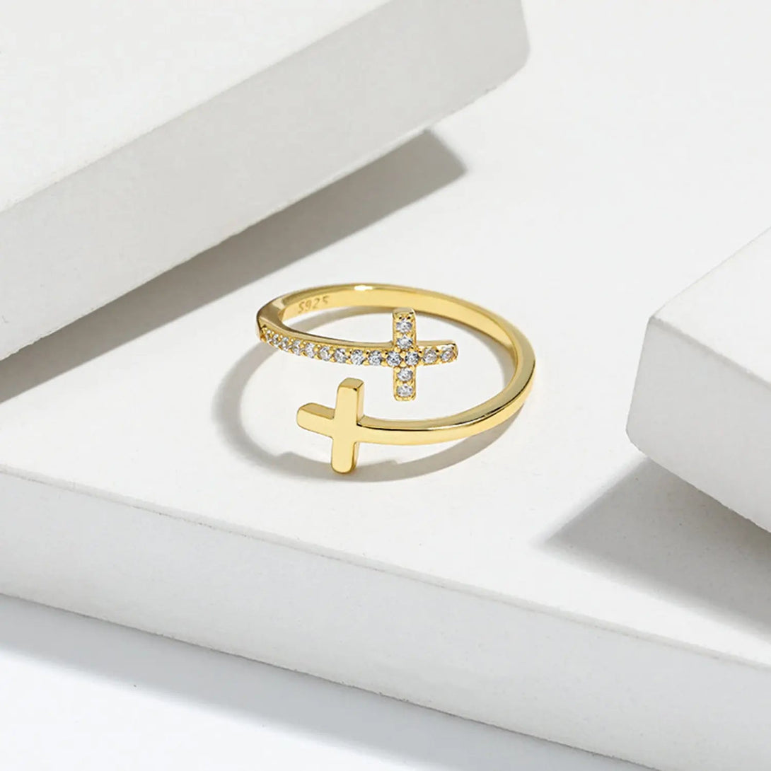 Lovcia Zircon 925 Sterling Silver Double Cross Bypass Ring-Rings-Gold-7-Gold