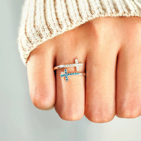 LOVCIA Zircon 925 Sterling Silver Double Cross Bypass Ring