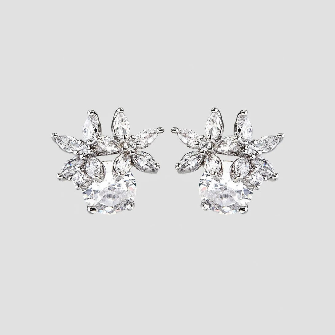 Lovcia Zircon 925 Sterling Silver Flower Stud Earrings-Earrings-Silver-One Size-Silver