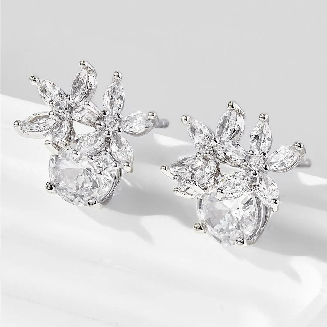 Lovcia Zircon 925 Sterling Silver Flower Stud Earrings-Earrings-Silver-One Size-Silver
