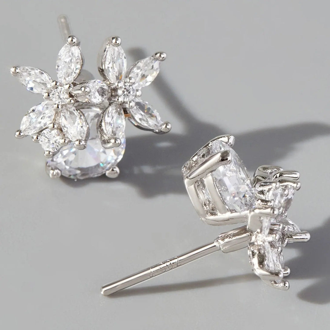 Lovcia Zircon 925 Sterling Silver Flower Stud Earrings-Earrings-Silver-One Size-Silver