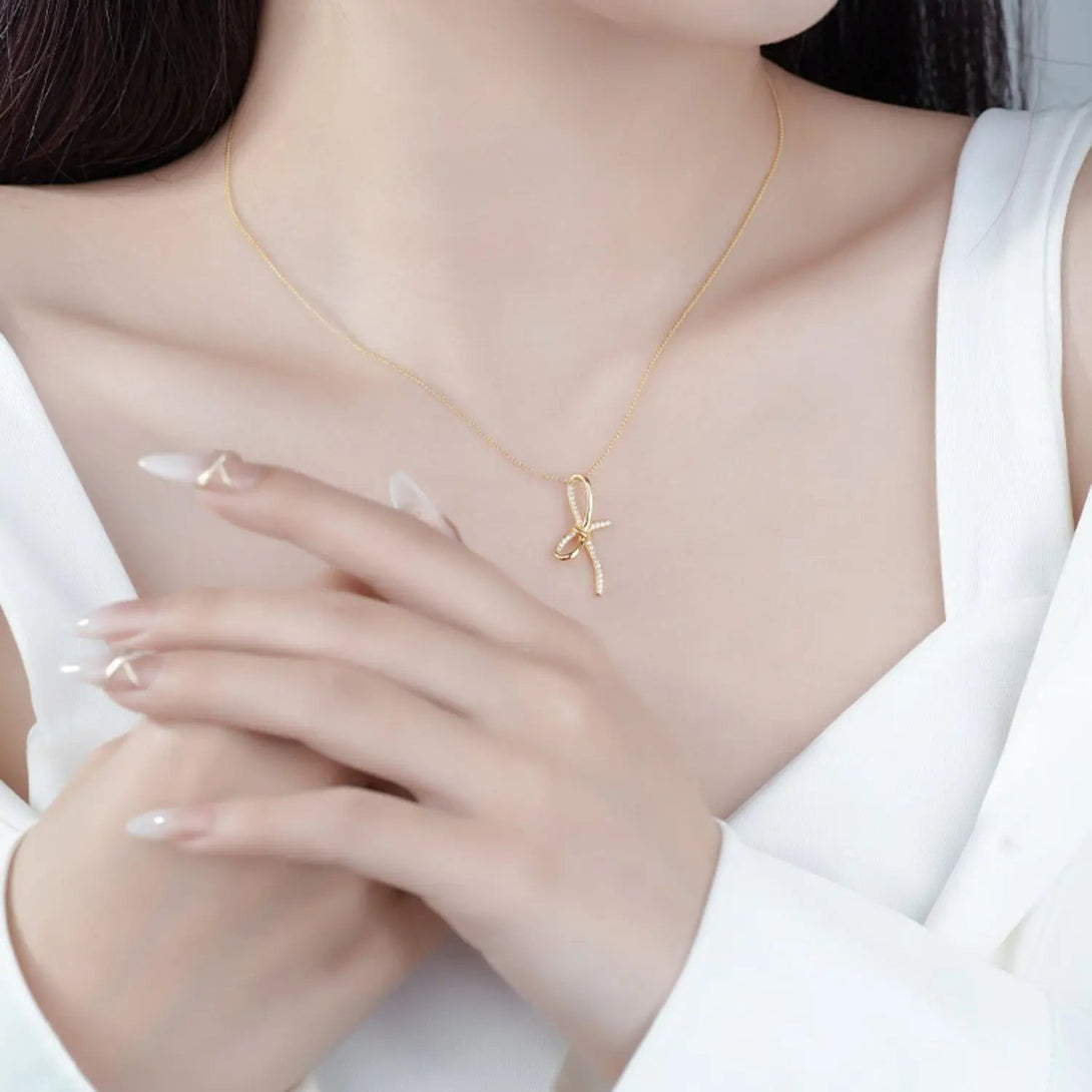 Lovcia Zircon Bow Pendant Necklace-Necklaces-Gold-One Size-Gold