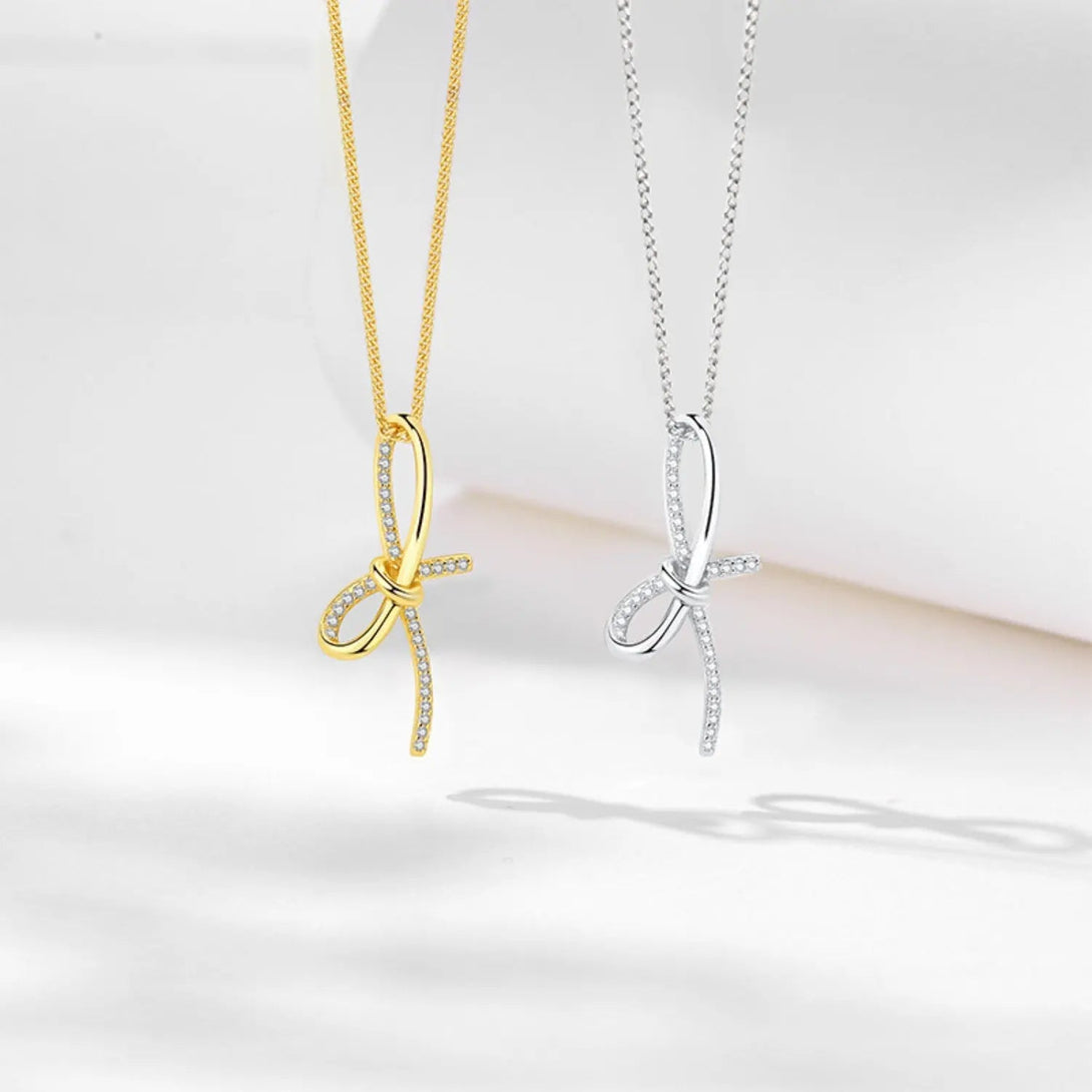 Lovcia Zircon Bow Pendant Necklace-Necklaces-Gold-One Size-Gold