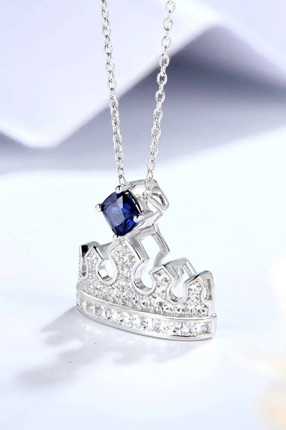 Lovcia Zircon Lab-Grown Sapphire Crown Shape Pendant Necklace-Necklaces-Royal Blue-One Size-Royal Blue