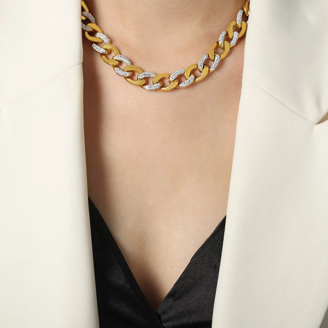 Lovcia Zircon Titanium Steel Chunky Chain Necklace-Necklaces-Gold-One Size-Gold