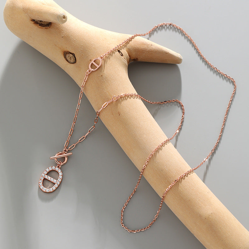 Lovcia Geometry CZ 14mm Hollow Oval Necklace Gold Tone-Necklaces-Rose Gold-